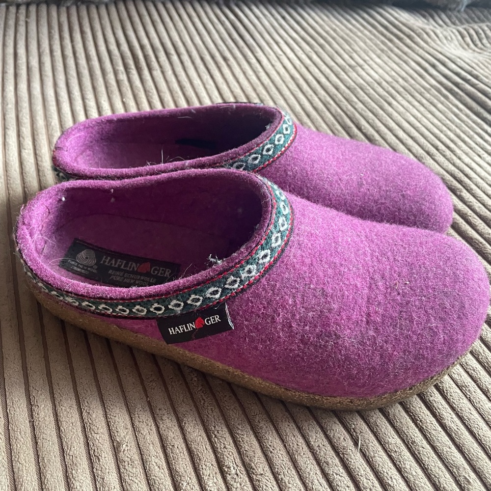 Haflinger Fuchsia Wool Clogs with Patterned Trim